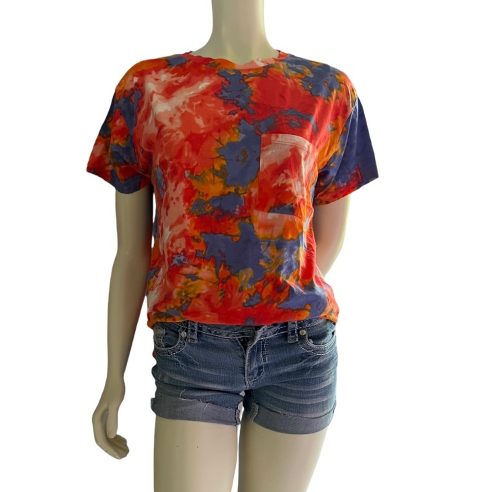 Ambiance | Women’s Shirt Blue - Red -  Orange Tie Dye Chest Pocket Basic Shirt - Picture 16 of 16